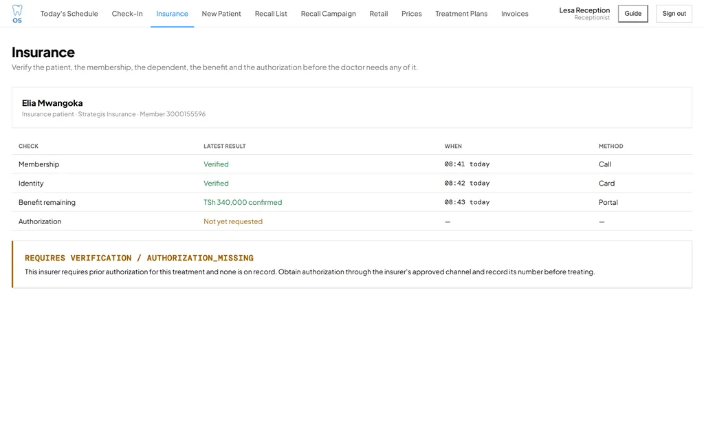 Dental OS insurance verification for a patient: membership, identity, benefit remaining and authorization checks with results, times and methods, and a notice that authorization is missing