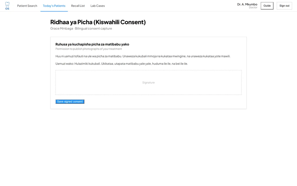 Dental OS consent form in Kiswahili, Ridhaa ya Picha, with the consent text, a signature area and a save button