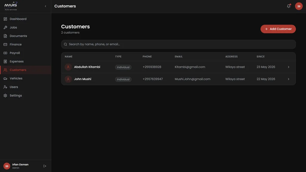 MARS customer records table listing customer type, phone, email, address and customer-since date, with search and an Add Customer button