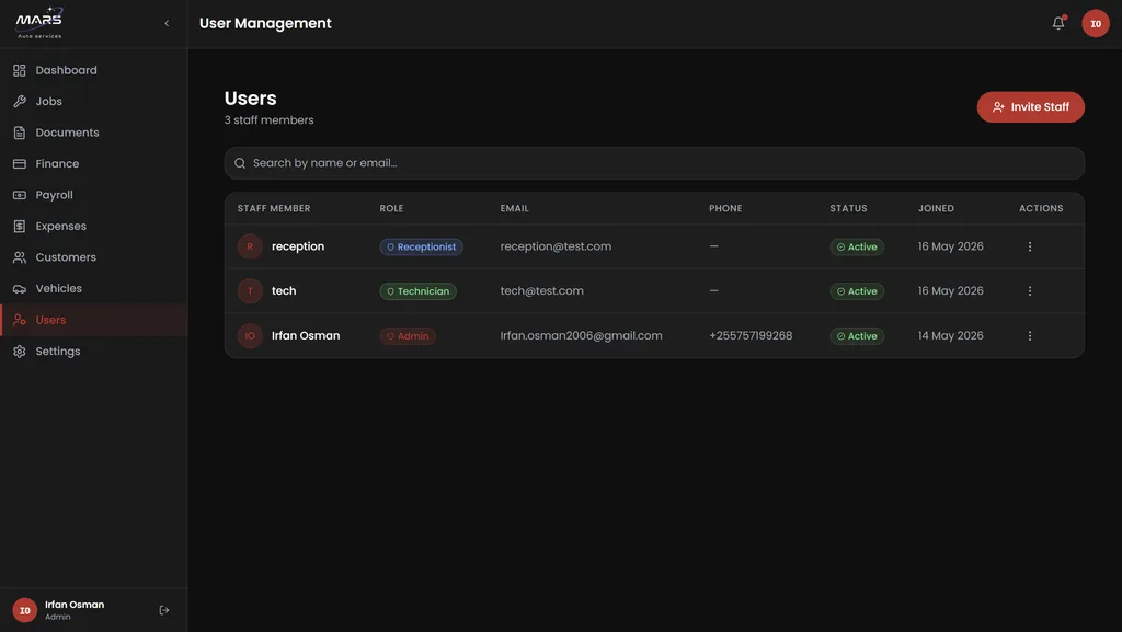 MARS user management table of staff accounts with receptionist, technician and admin roles, account status, and join dates