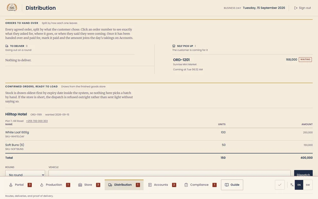 S&M Bakeries distribution board: orders to hand over, a confirmed order for a hotel with products, units and amount, and dispatch fields for route and vehicle