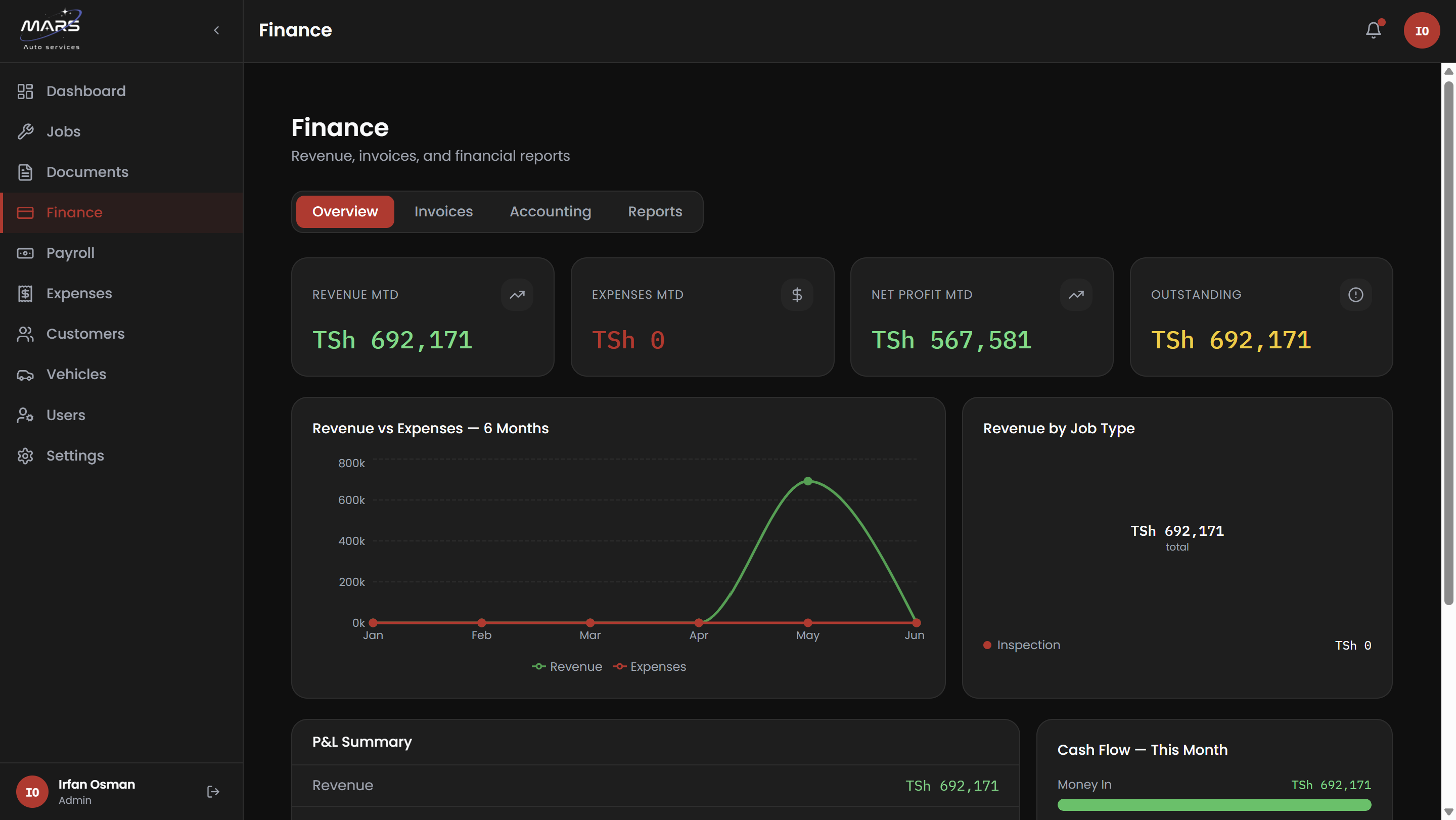 MARS finance module - income, expenses, running balance, and transaction history